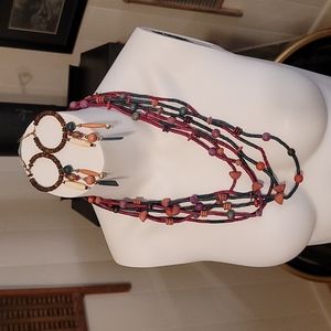 Funky Boho Colorful Wood/Mixed Bead Necklace & Dangle Earrings